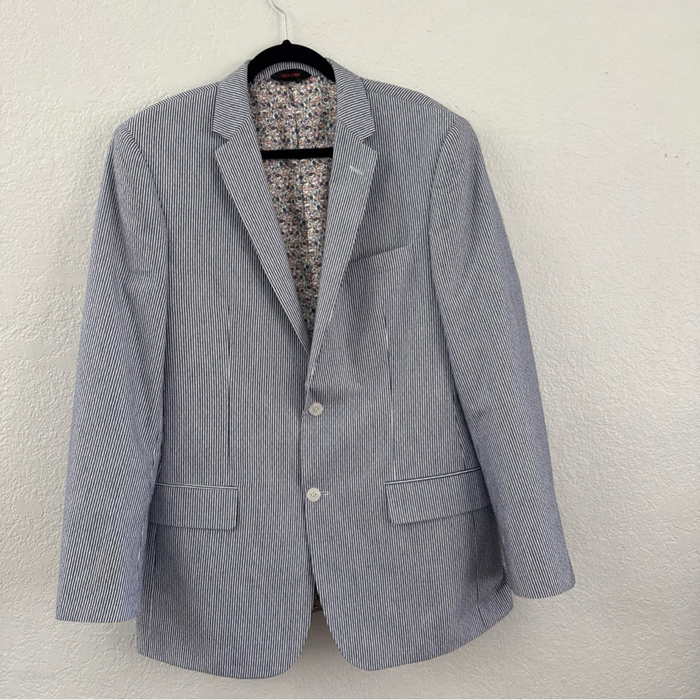 Linea Uomo Blazer Men’s 42L Blue/White Striped Floral Lining Sport Jacket Cotton